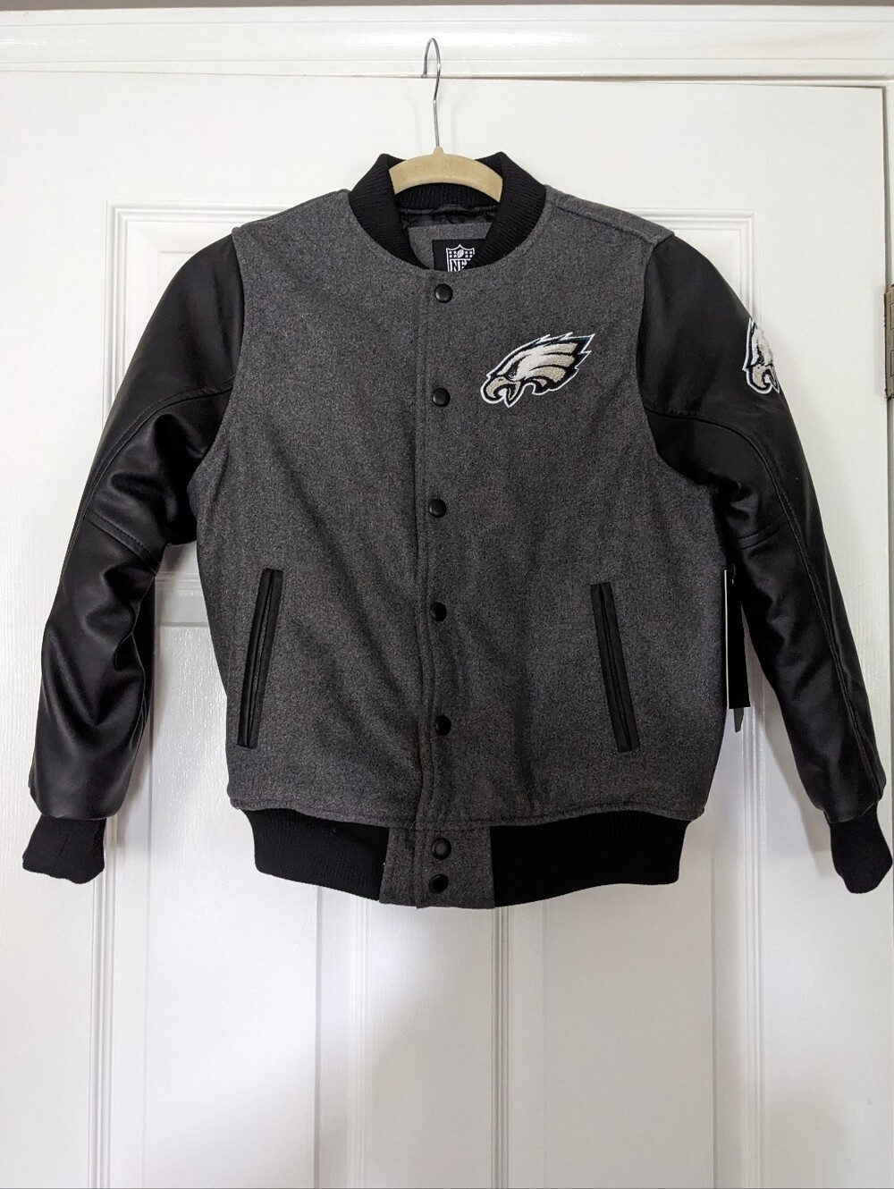 NFL Philadelphia Eagles Gray & Black Varsity Bomber Jacket with Eagles Logo